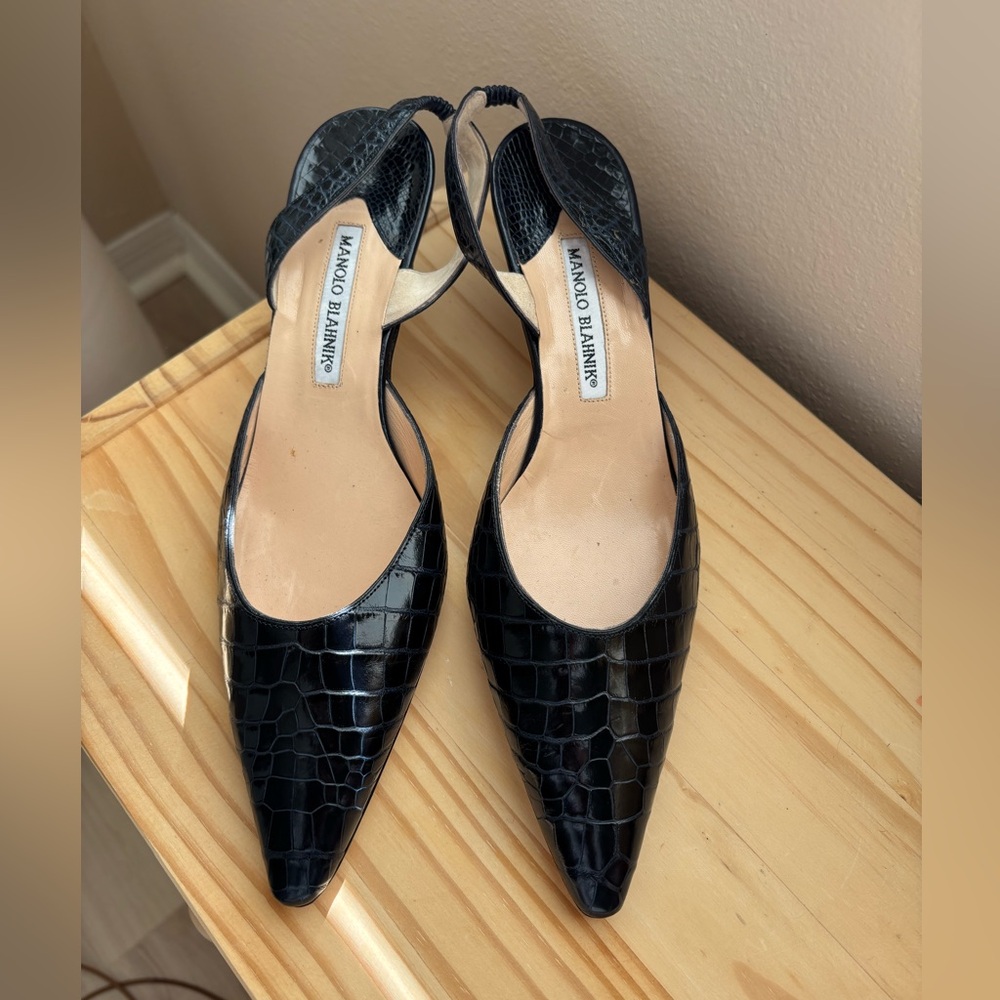 Manolo Blahnik Black Croc-Pattern Heels